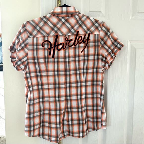Harley Davidson Back Embroidered Orange & Black Plaid Button Down - Picture 2 of 5